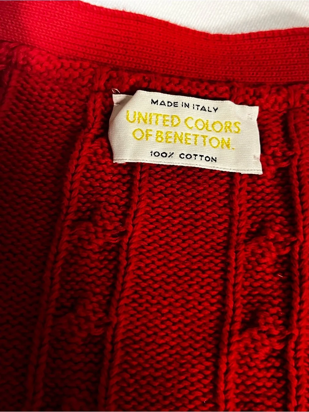 United Colors Benetton Cardigan Women 46 Red Cable Knit Cotton Italy VTG